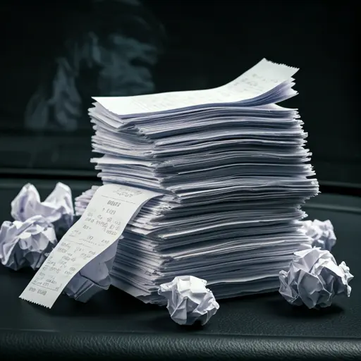 A messy pile of crumpled paper receipts scattered across a dark textured vehicle dashboard under harsh industrial lighting
